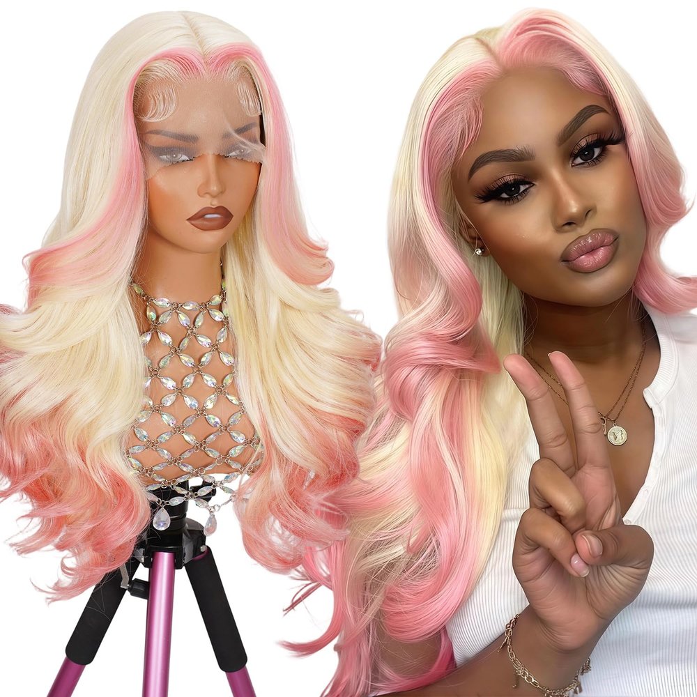 13 * 6Pink Synthetic Hair Wig Lace Front Glueless Body Wave Ombre Blonde Pink Pre Plucked HD Transparent Lace Breathable Ready to Wear with Baby Hair for Women