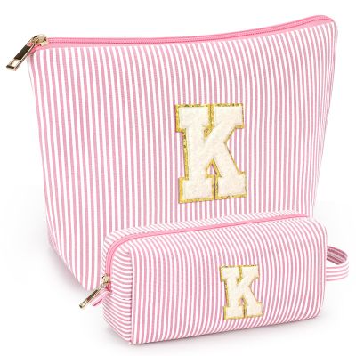 2 PCS Initial Makeup Bags for Women: Cosmetic Bag for Travel Toiletry - Birthday Gifts for 11 12 13 14 15 16 17 18 Years Old Girl Graduation Teacher Gift- Teen Girl Gifts Trendy Stuff - Light Pink K