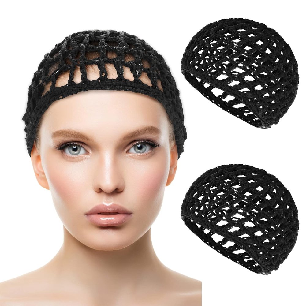 2 Pieces Mesh Crochet Hair Net Rayon Knit Snood Hat Cover Crocheted Sleep Cap for Women (Black)