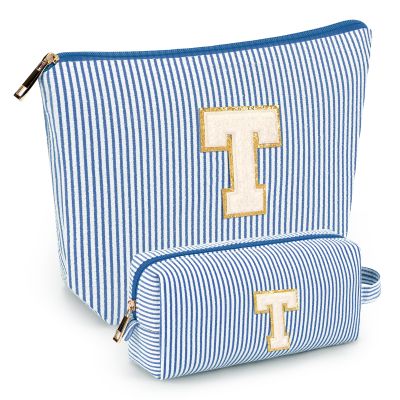 2 PCS Initial Makeup Bags for Women: Cosmetic Bag for Travel Toiletry - Birthday Gifts for 11 12 13 14 15 16 17 18 Years Old Girl Graduation Teacher Gift- Teen Girl Gifts Trendy Stuff - Blue T