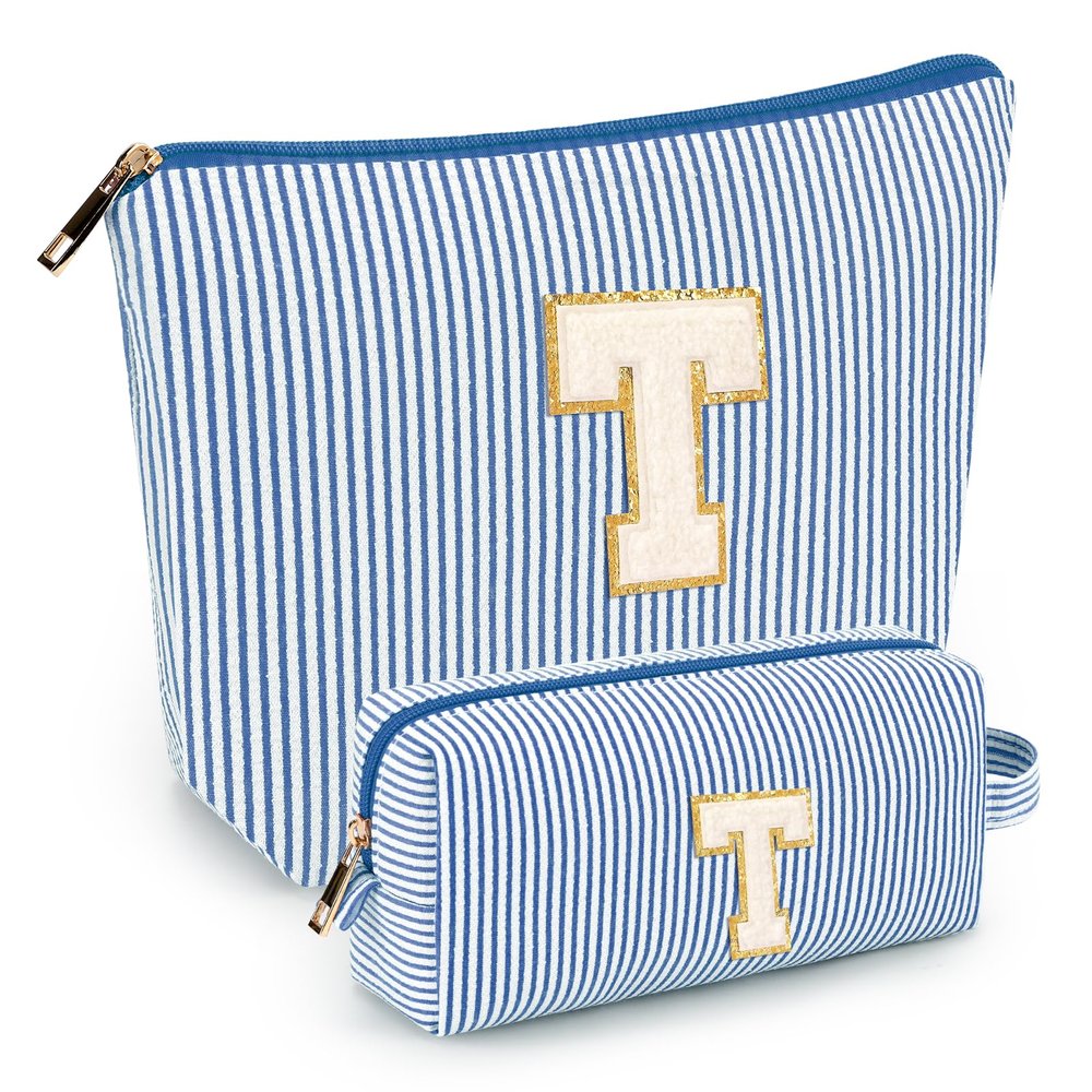 2 PCS Initial Makeup Bags for Women: Cosmetic Bag for Travel Toiletry - Birthday Gifts for 11 12 13 14 15 16 17 18 Years Old Girl Graduation Teacher Gift- Teen Girl Gifts Trendy Stuff - Blue T