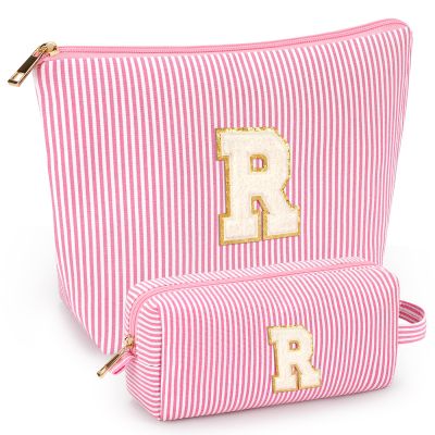 2 PCS Initial Makeup Bags for Women: Cosmetic Bag for Travel Toiletry - Birthday Gifts for 11 12 13 14 15 16 17 18 Years Old Girl Graduation Teacher Gift- Teen Girl Gifts Trendy Stuff - Pink R