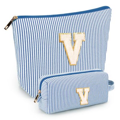 2 PCS Initial Makeup Bags for Women: Cosmetic Bag for Travel Toiletry - Birthday Gifts for 11 12 13 14 15 16 17 18 Years Old Girl Graduation Teacher Gift- Teen Girl Gifts Trendy Stuff - Blue V