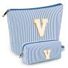 2 PCS Initial Makeup Bags for Women: Cosmetic Bag for Travel Toiletry - Birthday Gifts for 11 12 13 14 15 16 17 18 Years Old Girl Graduation Teacher Gift- Teen Girl Gifts Trendy Stuff - Blue V view 1