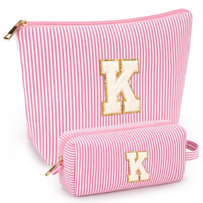 2 PCS Initial Makeup Bags for Women: Cosmetic Bag for Travel Toiletry - Birthday Gifts for 11 12 13 14 15 16 17 18 Years Old Girl Graduation Teacher Gift- Teen Girl Gifts Trendy Stuff - Pink K