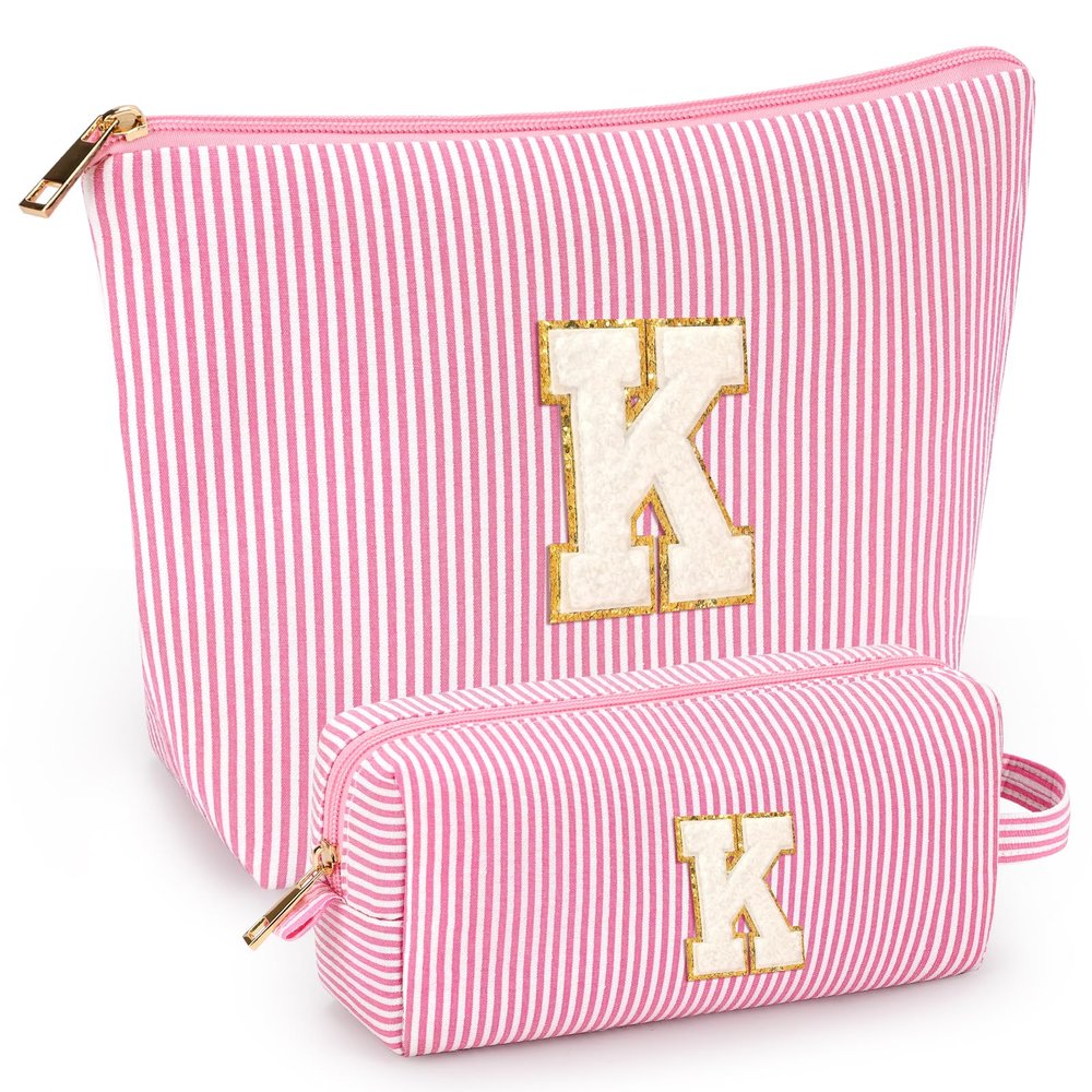 2 PCS Initial Makeup Bags for Women: Cosmetic Bag for Travel Toiletry - Birthday Gifts for 11 12 13 14 15 16 17 18 Years Old Girl Graduation Teacher Gift- Teen Girl Gifts Trendy Stuff - Pink K