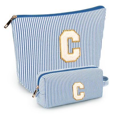 2 PCS Initial Makeup Bags for Women: Cosmetic Bag for Travel Toiletry - Birthday Gifts for 11 12 13 14 15 16 17 18 Years Old Girl Graduation Teacher Gift- Teen Girl Gifts Trendy Stuff - Blue C