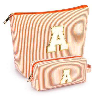 2 PCS Initial Makeup Bags for Women: Cosmetic Bag for Travel Toiletry - Birthday Gifts for 11 12 13 14 15 16 17 18 Years Old Girl Graduation Teacher Gift- Teen Girl Gifts Trendy Stuff - Orange A