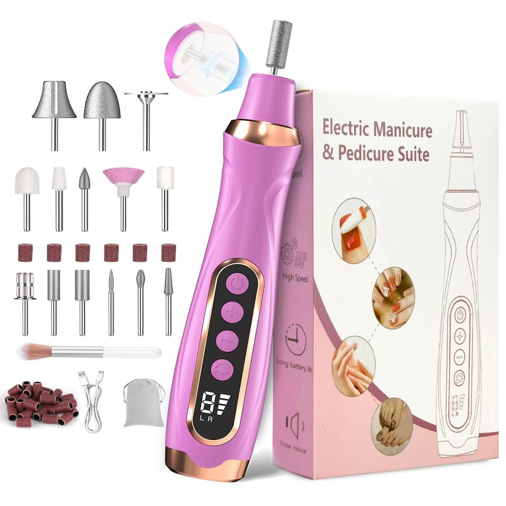 HengYuaoler Professional Manicure Pedicure Kit Cordless Electric Nail File Set 6 Speed Cordless Nail Drill for Thick Nail Toenail Cuticle Hand Foot Care Nail Drill Tool(Purple)