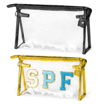 AellasNervalt Preppy Patch Cosmetic Bags - 2Pcs Summer SPF Chenille Varsity Letter Golden Toiletry Bag Black Large Clear Waterproof Portable Makeup Bag Clutch Purse Travel Beach Bag for Women