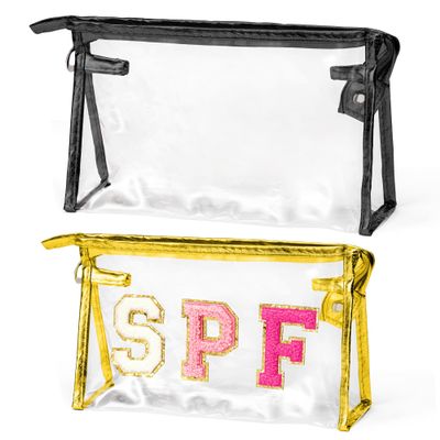 AellasNervalt Preppy Patch Cosmetic Bags - 2Pcs Summer SPF Chenille Varsity Letter Golden Toiletry Bag Black Large Clear Waterproof Portable Makeup Bag Clutch Purse Travel Beach Bag for Women Girls