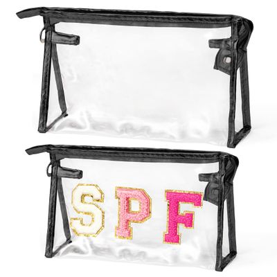 AellasNervalt Preppy Patch Cosmetic Bag - 2Pcs SPF Chenille Varsity Letter Large Clear Toiletry Bags Waterproof Portable Makeup Bag Transparent PVC Zipper Clutch Purse Travel for Women Girls (Black)