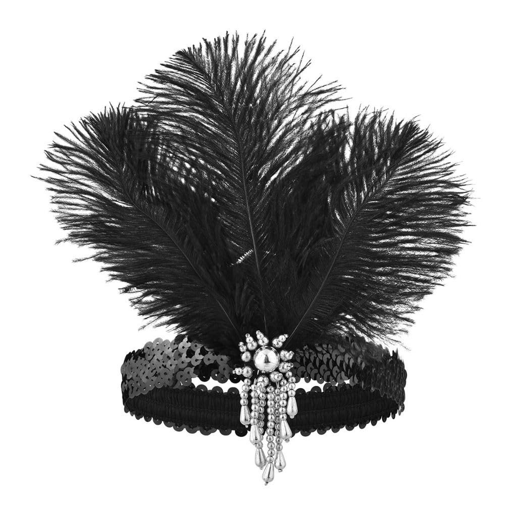 1920's Feather Headband,Art Deco Headpiece Pearl Headband Masquerade Hair Band Cosplay Dress Headwear Rhinestone Hair Accessories(G)