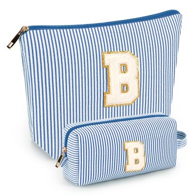 2 PCS Initial Makeup Bags for Women: Cosmetic Bag for Travel Toiletry - Birthday Gifts for 11 12 13 14 15 16 17 18 Years Old Girl Graduation Teacher Gift- Teen Girl Gifts Trendy Stuff - Blue B