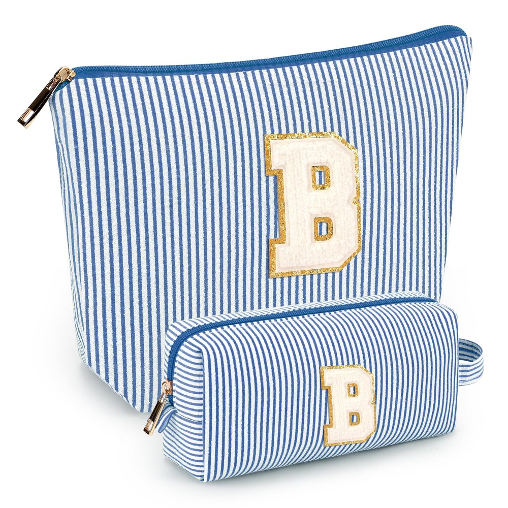 2 PCS Initial Makeup Bags for Women: Cosmetic Bag for Travel Toiletry - Birthday Gifts for 11 12 13 14 15 16 17 18 Years Old Girl Graduation Teacher Gift- Teen Girl Gifts Trendy Stuff - Blue B