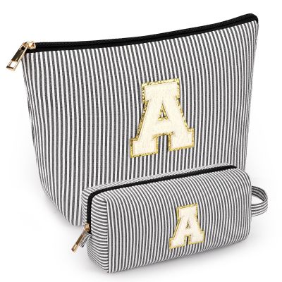 2 PCS Initial Makeup Bags for Women: Cosmetic Bag for Travel Toiletry - Birthday Gifts for 11 12 13 14 15 16 17 18 Years Old Girl Graduation Teacher Gift- Teen Girl Gifts Trendy Stuff - Black A