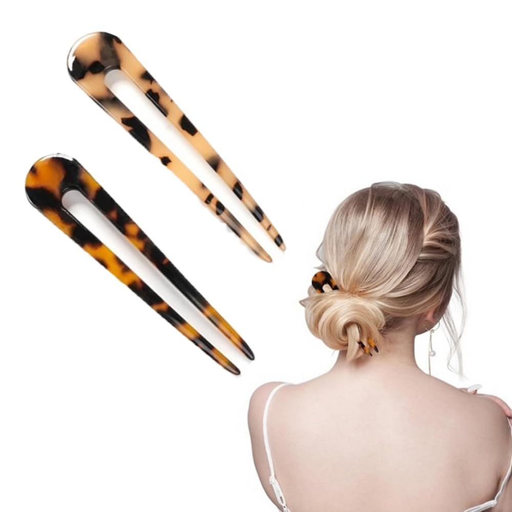 2Pcs U Shaped Hairpin Fork Hair Fork French Pins Twist U Shaped Hair Pin Updo Chignon Pin Acetate Hair Fork Hairstyle Accessories for Women Girls