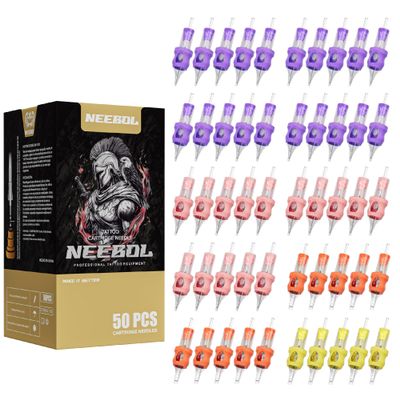 50pcs Neebol Tattoo Cartridge Needles Disposable Assorted Mixed Sizes Tattoo Needles #12 Standard Round Liner Shader Magnum for Tattoo Pen Machine Permanent Makeup Body Art Tattoo Supplies