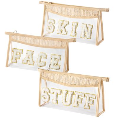 AellasNervalt Boho Patch Makeup Bag Clear Toiletry Bag Varsity Letter Travel Cosmetic Bag Beige Transparent Waterproof Zipper Makeup Pouch for Women Girls