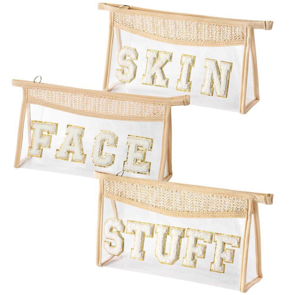 AellasNervalt Boho Patch Makeup Bag Clear Toiletry Bag Varsity Letter Travel Cosmetic Bag Beige Transparent Waterproof Zipper Makeup Pouch for Women Girls
