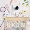AellasNervalt Boho Patch Makeup Bag Clear Toiletry Bag Varsity Letter Travel Cosmetic Bag Beige Transparent Waterproof Zipper Makeup Pouch for Women Girls view 4