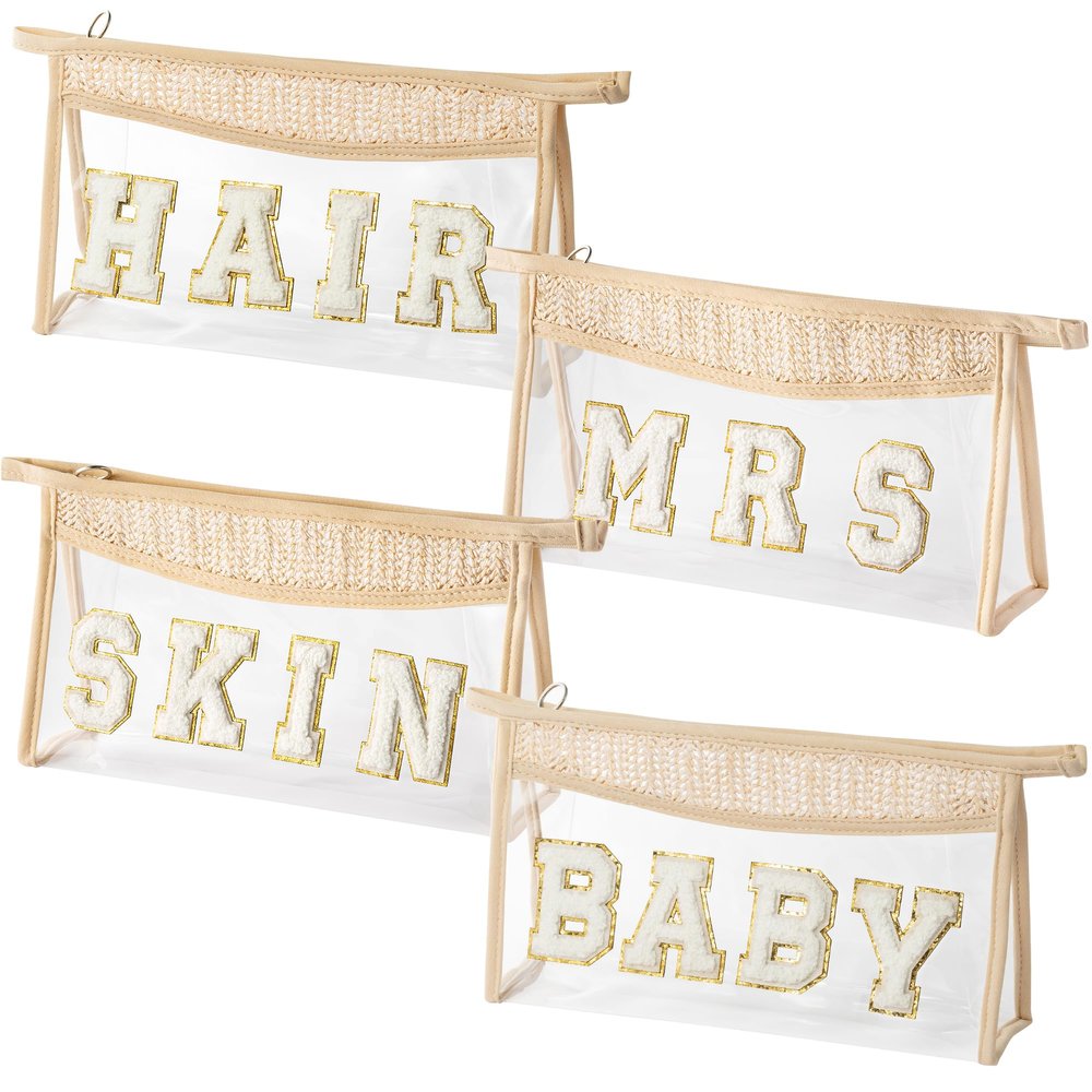 AellasNervalt Boho Patch Cosmetic Bag - Chenille Varsity Letter Toiletry Bag Beige Clear Waterproof Travel Makeup Bag PVC Zipper Clutch Daily Use Purse for Women Girls