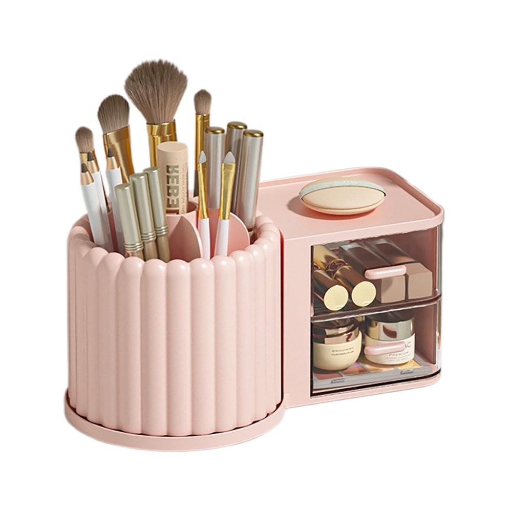 360 Rotating Makeup Brush Holder, Makeup Organizers with Drawer, Cosmetic Brushes Storage Countertop for Vanity Desktop Bathroom Countertop (pink)