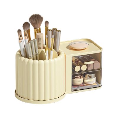 360 Rotating Makeup Brush Holder, Makeup Organizers with Drawer, Cosmetic Brushes Storage Countertop for Vanity Desktop Bathroom Countertop (Creamy yellow)