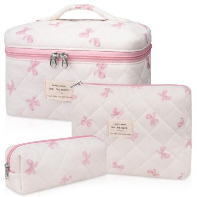 3PC Makeup Bag Set, Quilted Makeup Bag Set, Large Floral Cosmetic Bag for Women, Cute Cotton Makeup Bags, Flower Travel Toiletry Organizer Bag (White Pink Bow Tie)