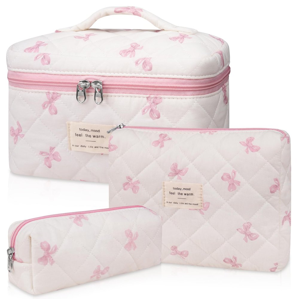 3PC Makeup Bag Set, Quilted Makeup Bag Set, Large Floral Cosmetic Bag for Women, Cute Cotton Makeup Bags, Flower Travel Toiletry Organizer Bag (White Pink Bow Tie)