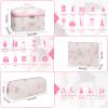 3PC Makeup Bag Set, Quilted Makeup Bag Set, Large Floral Cosmetic Bag for Women, Cute Cotton Makeup Bags, Flower Travel Toiletry Organizer Bag (White Pink Bow Tie) view 2
