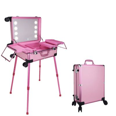 JYXYXSCP Portable Hand-held Makeup Case with Light, Telescopic Tripod, 360 Universal Wheels Aluminum Cosmetic Case (B 24INCH)