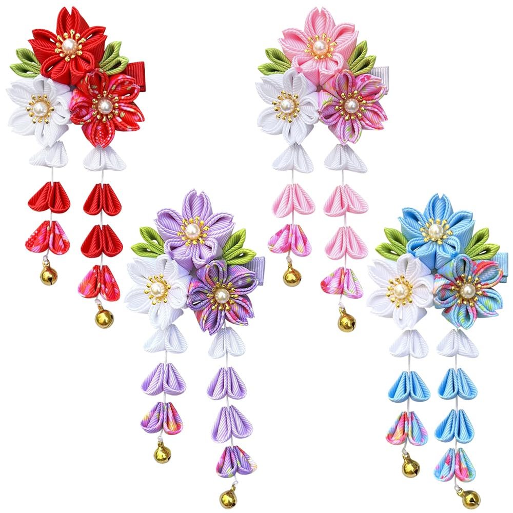 Umibow 4 Pcs Japanese Style Flower Hair Clips Headwear Traditional Kimono Tassel Barrette Clips Tsumami Kanzashi Hanfu Cosplay Hairpin for Women Photo Props