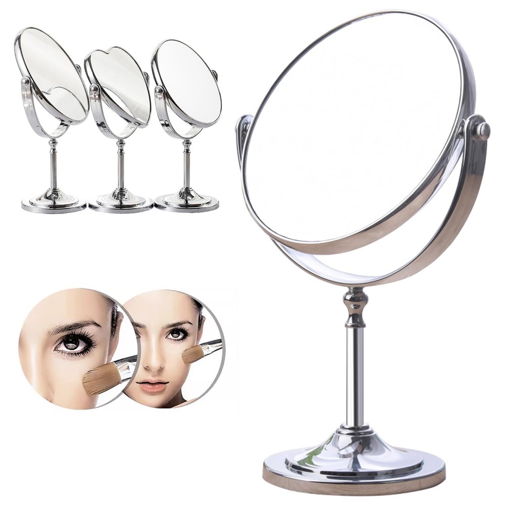 360Rotation Desktop Mirror, Magnified Mirror With 360Rotation for Bathroom or Bedroom, 3X Magnifying Mirror With Stand, Makeup Mirror, Table Top Double-Sided Swivel Vanity Mirror Chrome Finish(Round