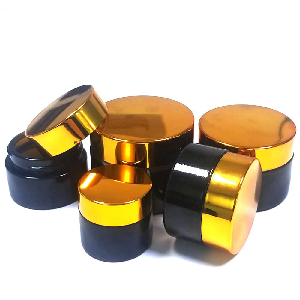 20PCS Round Transparent Glass Jars with Gold Lid Empty 5 ml-50 ml Clear Frosted Sample Travel Sub-bottles Glass Containers with Inner Liners for Cream Lotion Ointment (Black-gold lid,50g)
