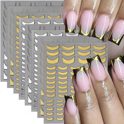 BYJKYEN French Tip Nail Stickers, Gold & Silver, 8 Sheets, Self-Adhesive, French Tip Style, Nail Art Decals