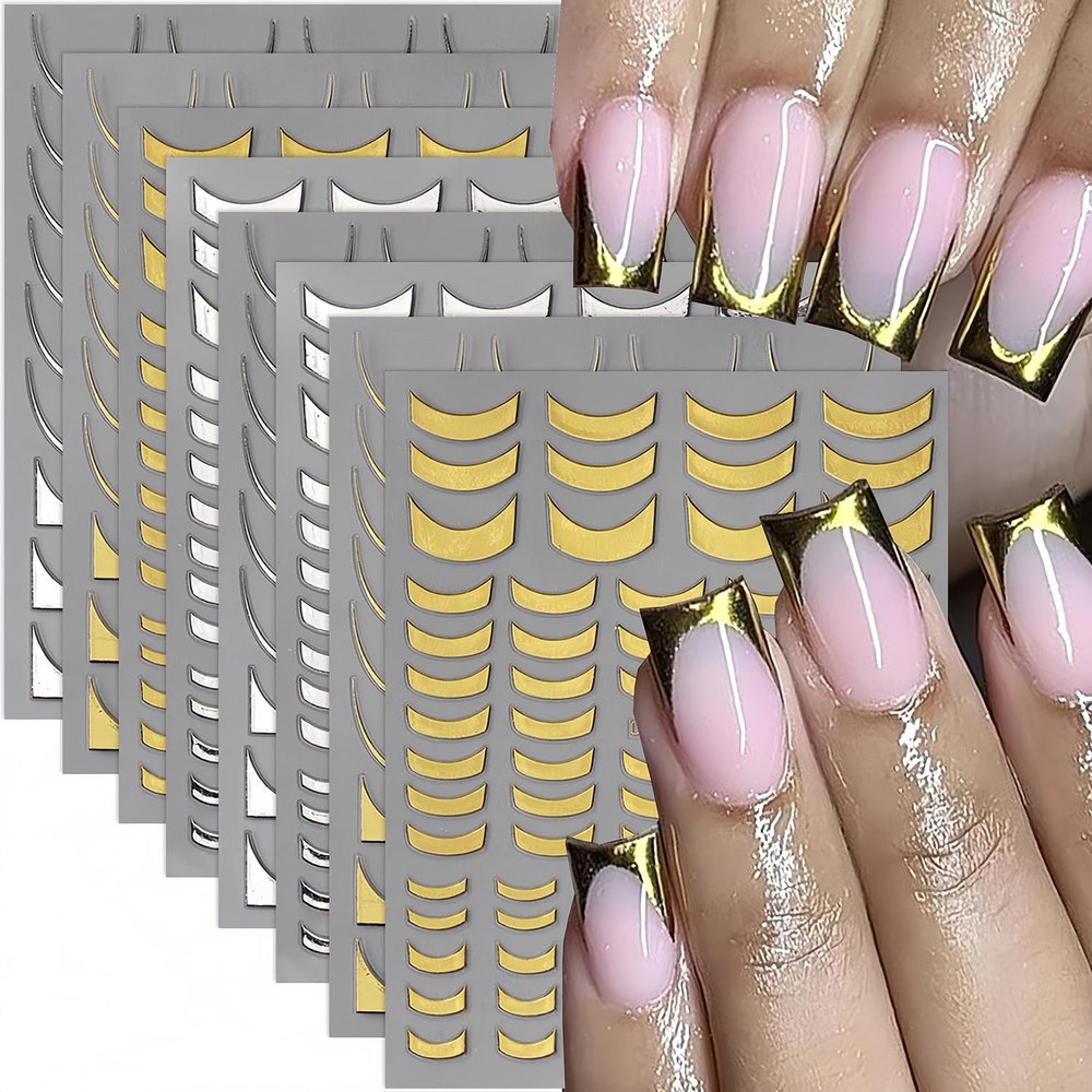 BYJKYEN French Tip Nail Stickers, Gold & Silver, 8 Sheets, Self-Adhesive, French Tip Style, Nail Art Decals