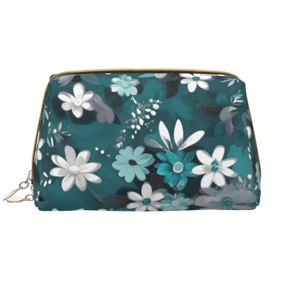 HHUULP Teal Grey And White Floral Zipper Closure Leather Portable Waterproof Cosmetic Bag For Home Travel To Organize Toiletries Sundries