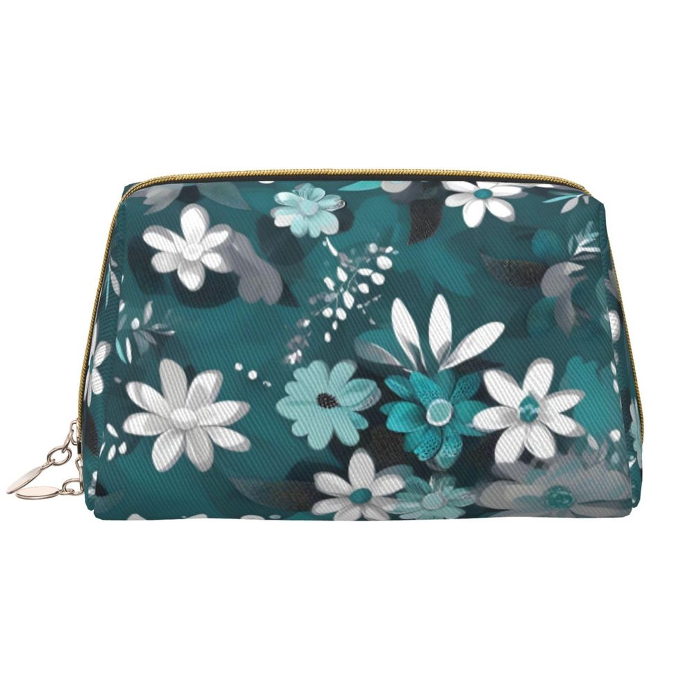 HHUULP Teal Grey And White Floral Zipper Closure Leather Portable Waterproof Cosmetic Bag For Home Travel To Organize Toiletries Sundries