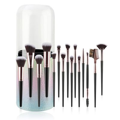 15-piece Makeup Brush Set with Case, Dense Synthetic Fiber Premium Metal Ferrule Wood Handle Kabuki Brushes, Gifts for Her (15 black brushes + buckets)