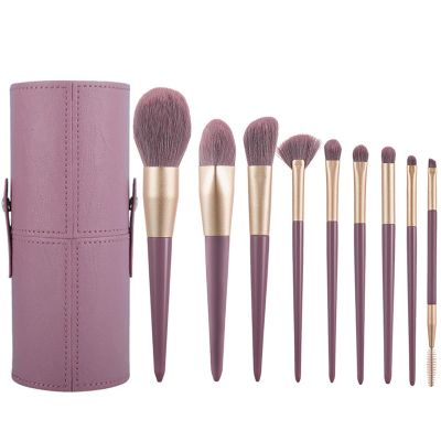 9pcs Purple Professional Kabuki Powder Concealers Eye shadows Blush Eyeliner Eyebrow Contour Eye blending, Vegan & Cruelty-Free (9 purple makeup brushes + bucket)
