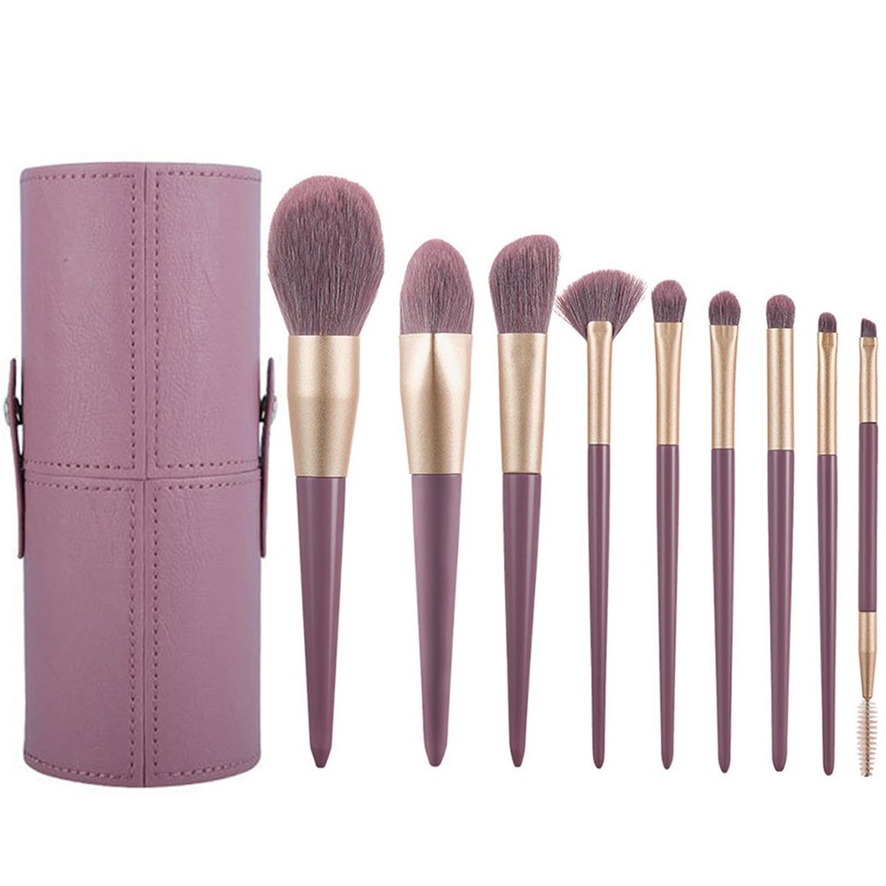 9pcs Purple Professional Kabuki Powder Concealers Eye shadows Blush Eyeliner Eyebrow Contour Eye blending, Vegan & Cruelty-Free (9 purple makeup brushes + bucket)