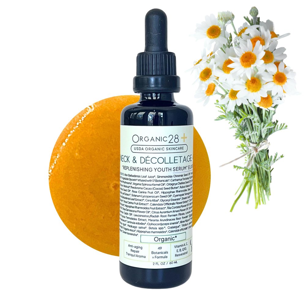 Organic28+. 100% Organic Neck & Dcolletage Serum - USA Made. 49 Botanicals. Neck Firming and Tightening Moisturizer. Linden Blossom Aromatherapy. Neck & Chest Firming Age Renew Cream.2 Fl. Oz.