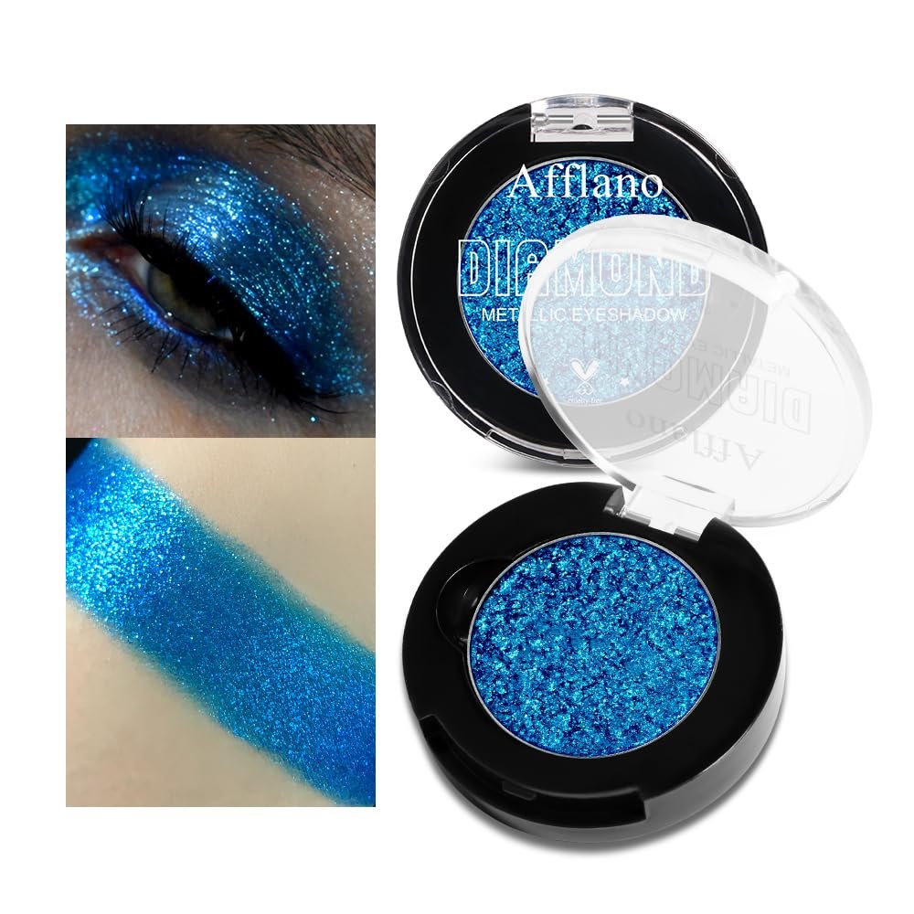 Afflano Sparkly Blue Eyeshadow Single - Long-Lasting Creamy Metallic Blue Eyeshadow, Rich Pigment, One Swipe Coverage, 12H Wear No Fallout, for Women Day, Night Cosplay blue Glitter Eyes Makeup, Vegan