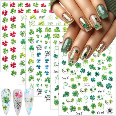 8Sheets St. Patrick's Day Nail Stickers for Nail Art 3D Shamrock Nail Art Stickers Self Adhesive Four Leaf Clover Nail Decals Irish Spring Nail Art Design Stickers for Women Girls DIY Nail Decoration