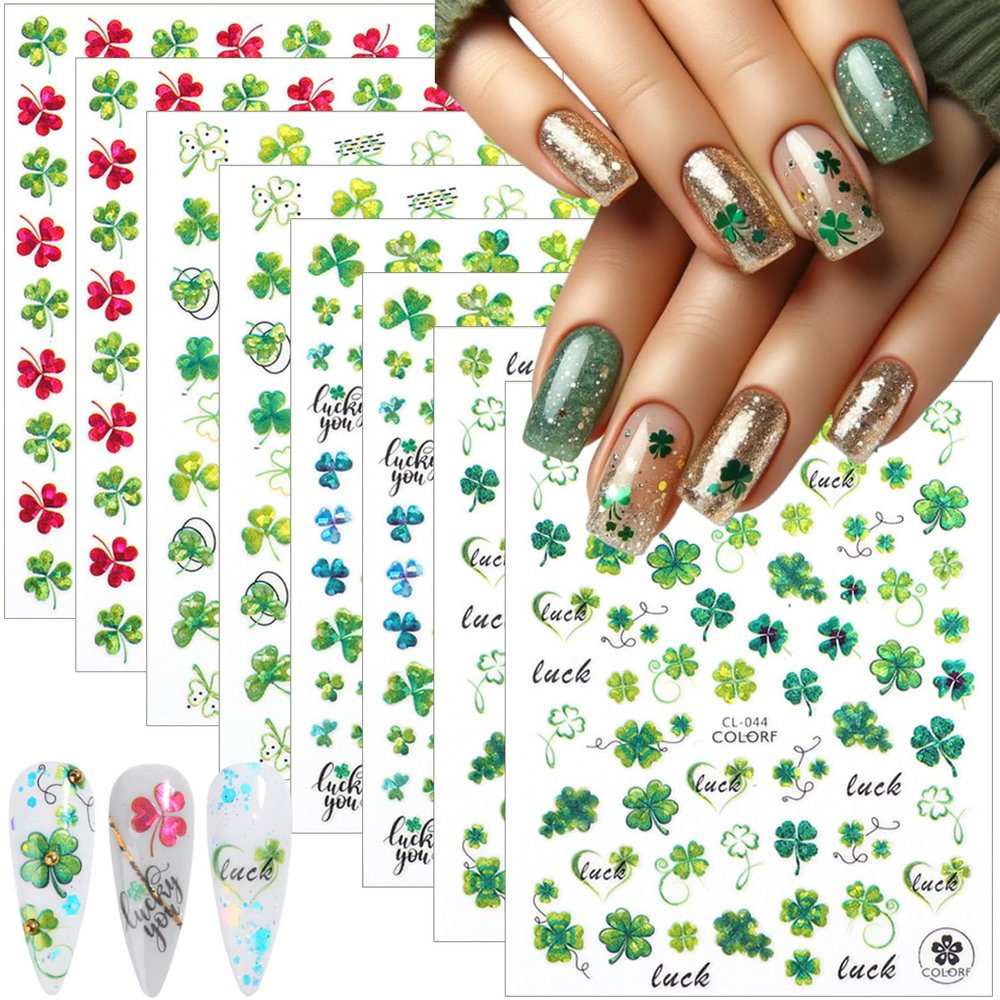 8Sheets St. Patrick's Day Nail Stickers for Nail Art 3D Shamrock Nail Art Stickers Self Adhesive Four Leaf Clover Nail Decals Irish Spring Nail Art Design Stickers for Women Girls DIY Nail Decoration