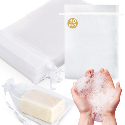 10 Mesh Soap Bags for Soap Bars - RAQEHO 4"X6" Hanging Dry Organza Bags Bar Soap Pouch Saver Bag Sock Bar Scrubber Pouch Exfoliating Foaming Net Mesh Exfoliating Net Shower Washing Body Gift Packaging