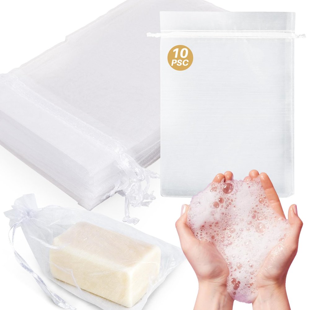 10 Mesh Soap Bags for Soap Bars - RAQEHO 4"X6" Hanging Dry Organza Bags Bar Soap Pouch Saver Bag Sock Bar Scrubber Pouch Exfoliating Foaming Net Mesh Exfoliating Net Shower Washing Body Gift Packaging