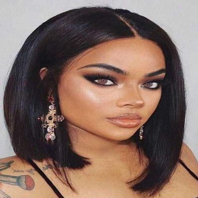 ORAVISTA Short Black Bob Wigs Human Hair Mixed Synthetic for Women, Straight Heat Resistant Fiber Hair, Middle Part Lightweight Wig for Daily Wear, Cosplay, and Parties