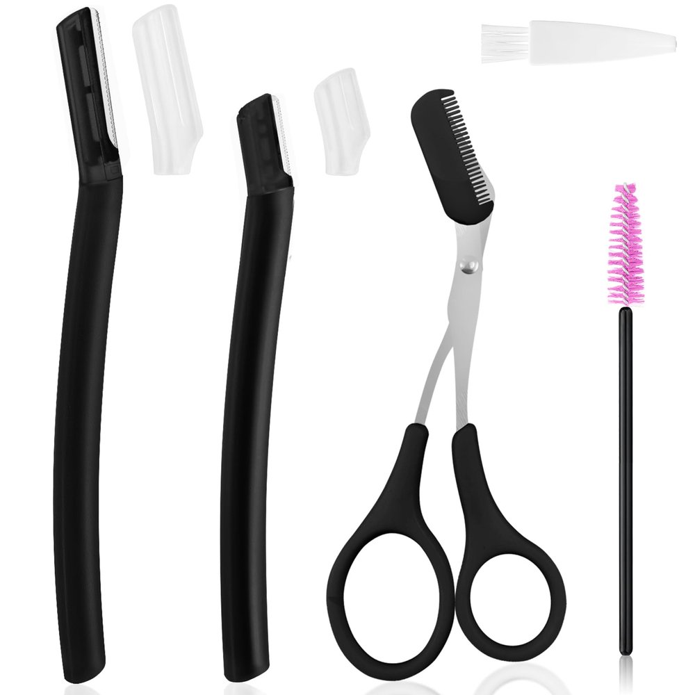 5 in 1 Eyebrow Trimming & Shaping Kit with Scissors, Razor, Spoolie & Cleaning Brush - Men/Women - Black
